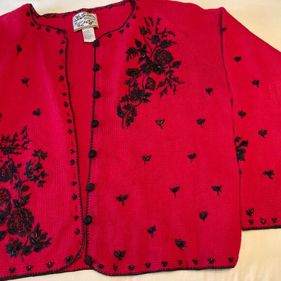 Heirloom Collectibles Women Large Sweater Cardigan Red Beaded Buttoned - Picture 7 of 15